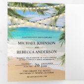 Tropical Beach Palm Leaves String Lights Wedding Drieluik Uitnodiging (Binnenzijde eerst)