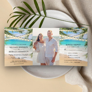 Tropical Beach Palm Leaves String Lights Wedding Drieluik Uitnodiging