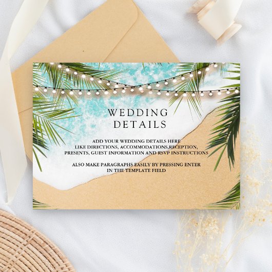 Tropical Beach Palm String Lights Wedding Details Informatiekaartje
