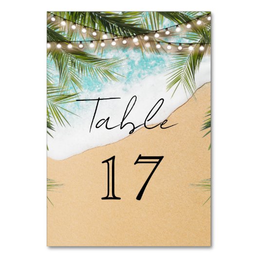 Tropical Beach Palm String Lights Wedding Kaart (Achterkant)