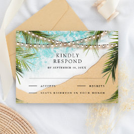 Tropical Beach Palm String Lights Wedding RSVP Kaartje