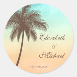 Tropical Beach Palm Tree Ronde Bruiloft Favor Labe Sticker
