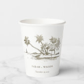 Tropical Beach Palm Tree Sketch Pale Gold Wedding Papieren Bekers (Achterkant)