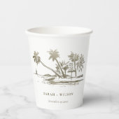 Tropical Beach Palm Tree Sketch Pale Gold Wedding Papieren Bekers (Voorkant)