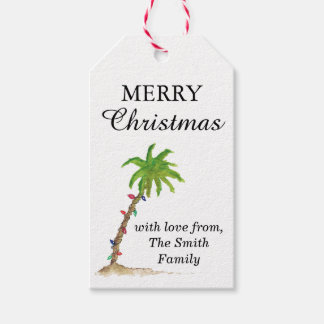 Tropical Beach Palm Tree Waterverf Kerstkunst Cadeaulabel