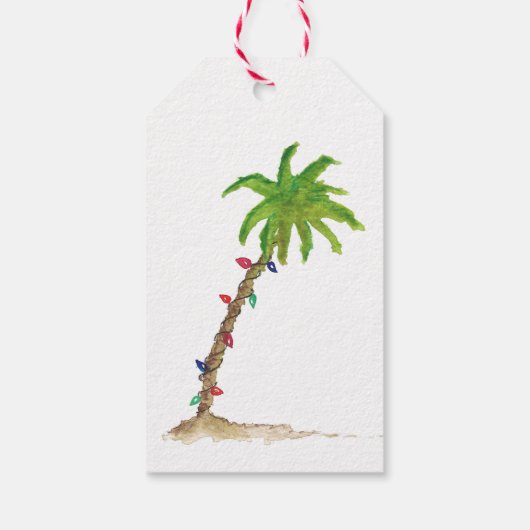 Tropical Beach Palm Tree Waterverf Kerstkunst Cadeaulabel (Achterkant)