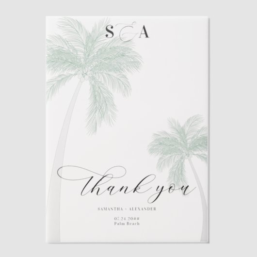 Tropical Beach Palm Trees Eenvoudig script Bedankt Vellum Uitnodigingen (Voorkant)