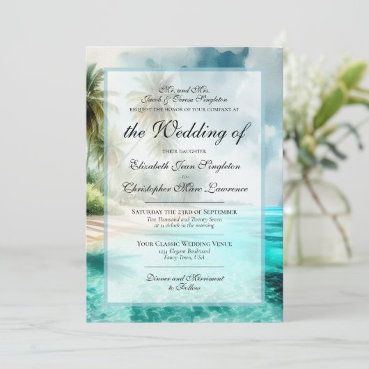 Tropical Beach & Palm Trees Formal Wedding Kaart (Staand voorkant)