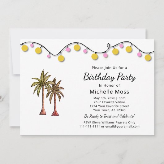 Tropical Beach Palm Trees String Lights Verjaardag Kaart (Voorkant)