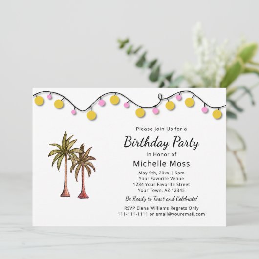 Tropical Beach Palm Trees String Lights Verjaardag Kaart (Staand voorkant)