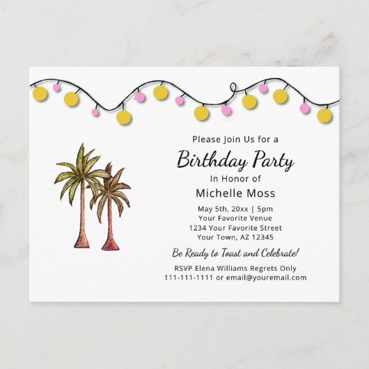 Tropical Beach Palm Trees String Lights Verjaardag Uitnodiging Briefkaart (Voorkant)