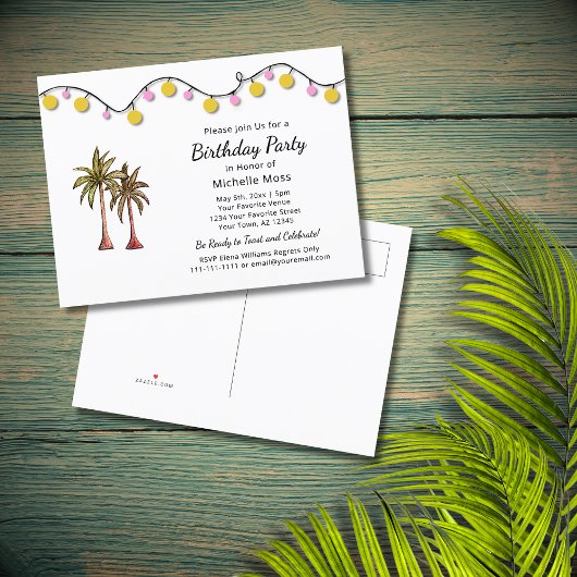 Tropical Beach Palm Trees String Lights Verjaardag Uitnodiging Briefkaart
