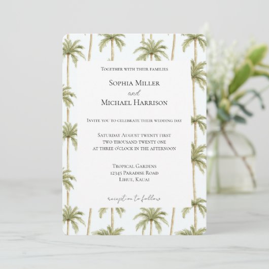 Tropical Beach Palm Trees Wedding Kaart (Staand voorkant)