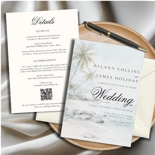 Tropical Beach Palm Watercolor Wedding Invitation Kaart