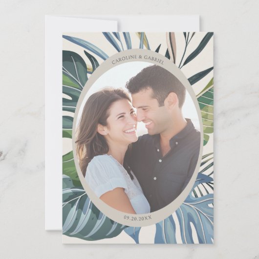 Tropical Beach Palm Wedding Save the Date (Voorkant)