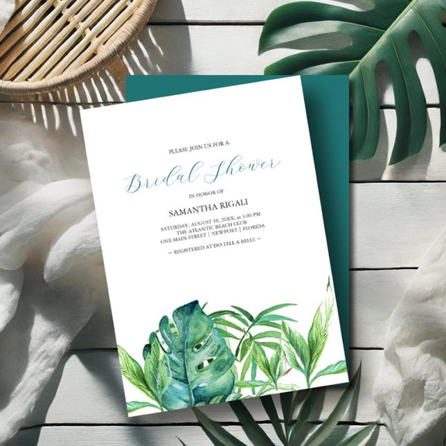 Tropical Beach Palms Waterverf Vrijgezellenfeest (Bridal shower invitations watercolor tropical leaves art by Victoria Grigaliunas Do Tell A Belle)