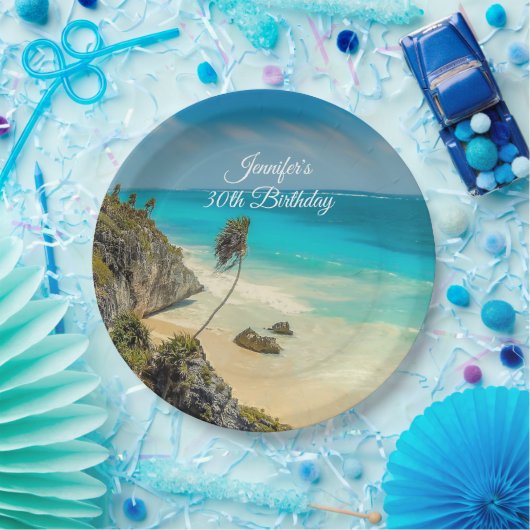 Tropical Beach Paradise met Palm Trees Verjaardag Papieren Bordje (Feest)