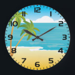 Tropical Beach Paradise with Palm Trees Grote Klok<br><div class="desc">Keep track of island time with this tropical beach wall clock. This decorative timepiece features a serene minimalist illustration of palm trees and a sunny ocean horizon, bringing a relaxing vacation feel to your kitchen, office, or bedroom. The high quality print and vibrant blue tones serve as a functional piece...</div>