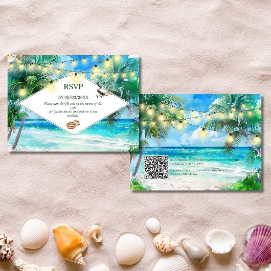 Tropical Beach QR Code RSVP Huwelijksverblijf Kaar Notitiekaartje