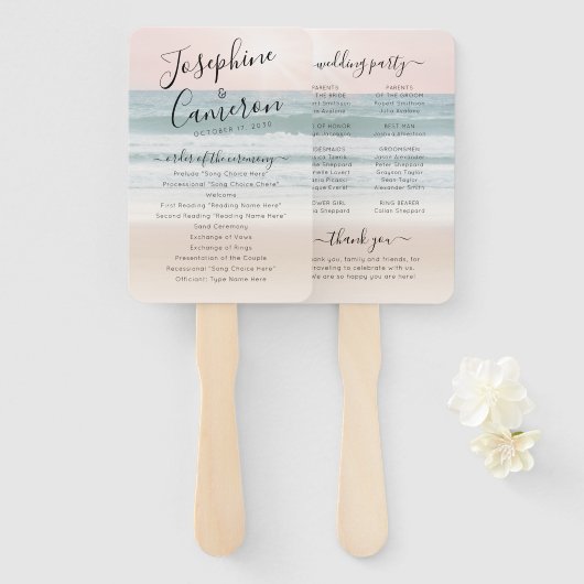 Tropical Beach Roze Zonsondergang Trouwprogramma F Handwaaier (Voorkant en achterkant)