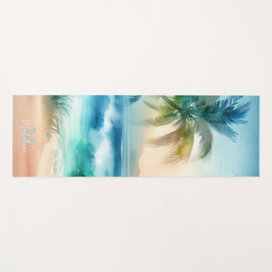 Tropical Beach Sand Waves Palm Naam Monogram Yogamat (Voorkant (horizontaal))