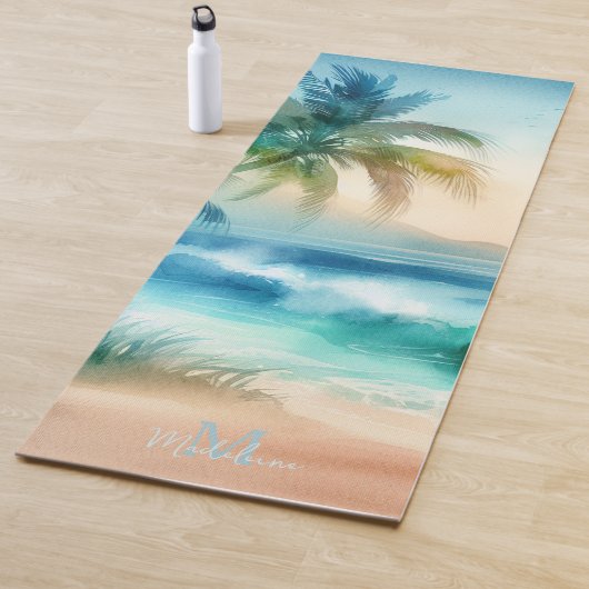 Tropical Beach Sand Waves Palm Naam Monogram Yogamat (In situ)