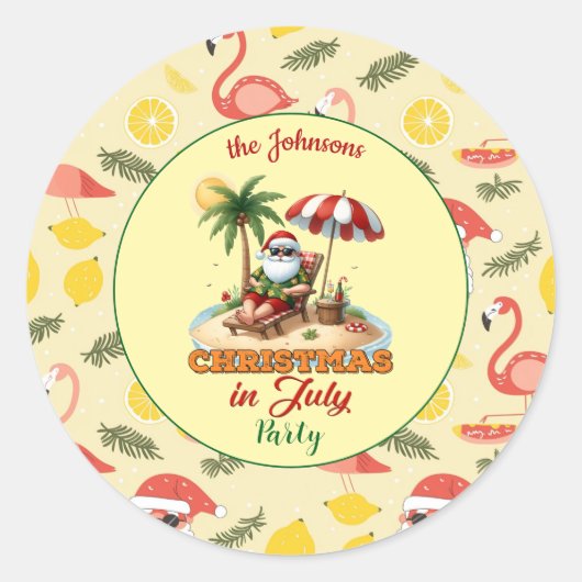 Tropical Beach & Santa Christmas in het feest van  Ronde Sticker (Voorkant)