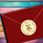 Tropical Beach & Santa Christmas in het feest van  Ronde Sticker<br><div class="desc">Een grappig kerstfeest in juli ontwerp met een tropisch strand en de kerstman! Je kunt dit personaliseren met jouw naam.</div>