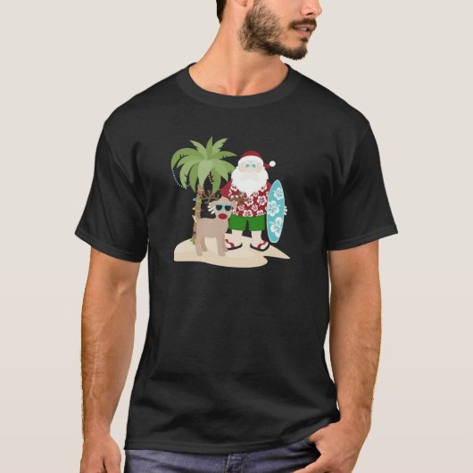 Tropical Beach Santa with Surfboard and Reindeer T-shirt (Voorkant)