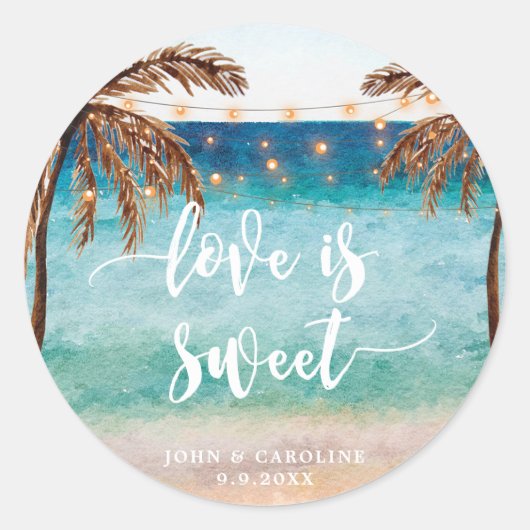 Tropical Beach Scene Liefde is lieve gunsten stick Ronde Sticker (Voorkant)