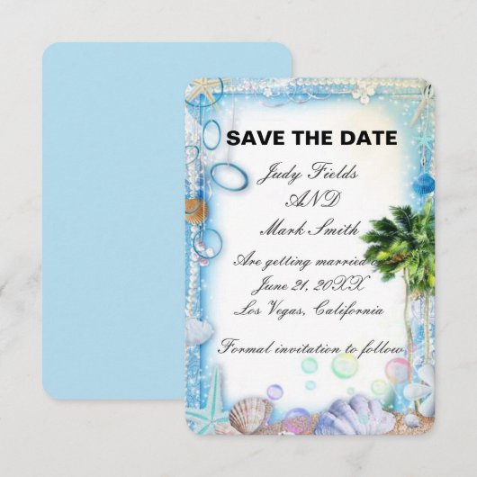 Tropical Beach Seashell Bruiloft Save The Date Kaa (Voorkant / Achterkant)