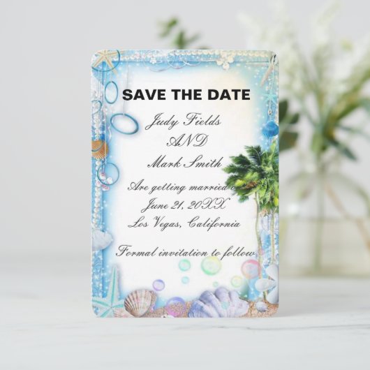 Tropical Beach Seashell Bruiloft Save The Date Kaa (Staand voorkant)