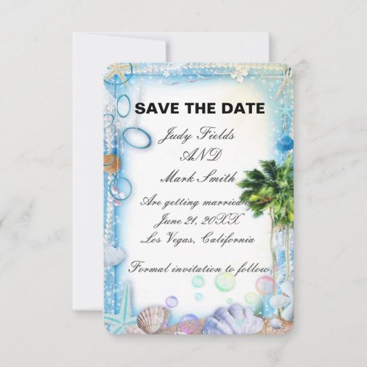 Tropical Beach Seashell Bruiloft Save The Date Kaa (Voorkant)