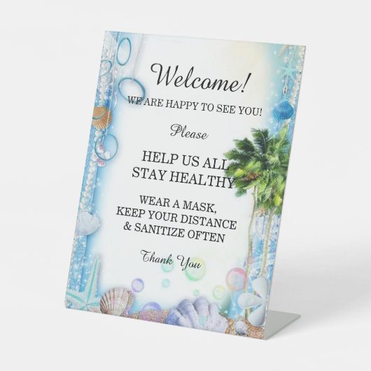 Tropical Beach Seashell Bruiloft Veiligheid Reclamebord Met Voetstuk (Voorkant)