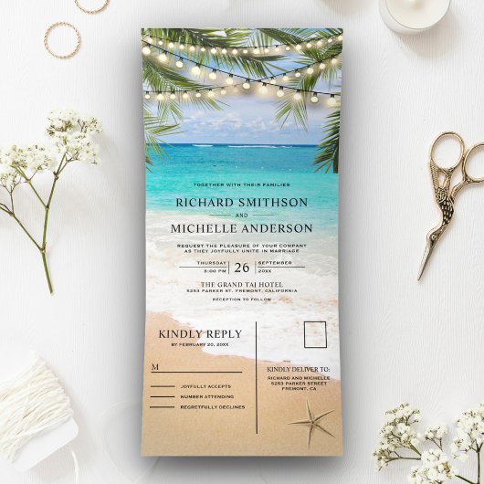 Tropical Beach String Lights Alles in één bruiloft Drieluik Uitnodiging
