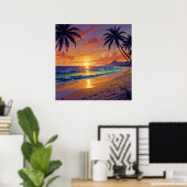 Tropical Beach Sunset - Illustratie Stijl Kunst Poster (Thuiskantoor)