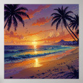 Tropical Beach Sunset - Illustratie Stijl Kunst Poster (Voorkant)