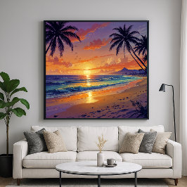Tropical Beach Sunset - Illustratie Stijl Kunst Poster