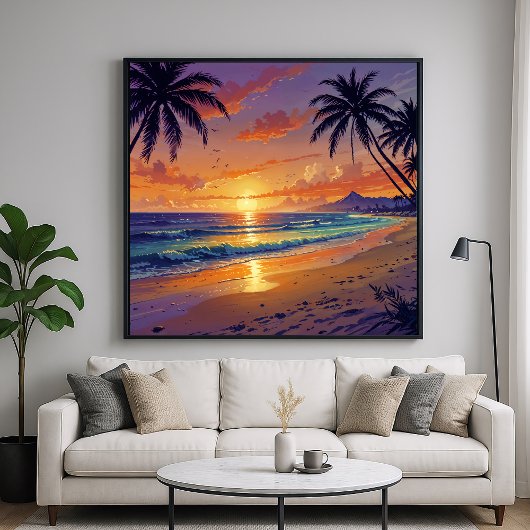 Tropical Beach Sunset - Illustratie Stijl Kunst Poster