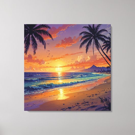 Tropical Beach Sunset - Illustration Style Art Canvas Afdruk (Voorkant)