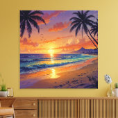 Tropical Beach Sunset - Illustration Style Art Canvas Afdruk (Insitu (Woonkamer))