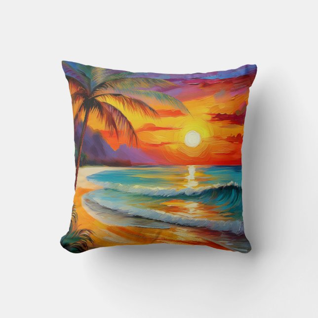 Tropical Beach Sunset Ocean Hawaii Kustkunst Kussen (Voorkant)