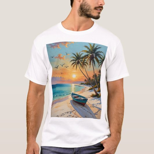 Tropical Beach Sunset Palm Tree Paradise Art T-shi T-shirt (Voorkant)