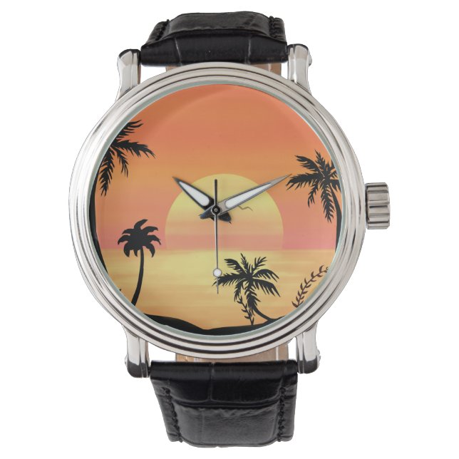 Tropical Beach Sunset Palm Tree Silhouette Art Horloge (Voorkant)