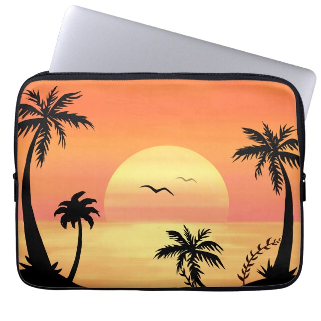 Tropical Beach Sunset Palm Tree Silhouette Art Laptop Sleeve (Voorkant)