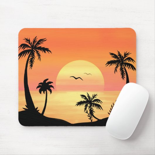 Tropical Beach Sunset Palm Tree Silhouette Art Muismat (Met muis)