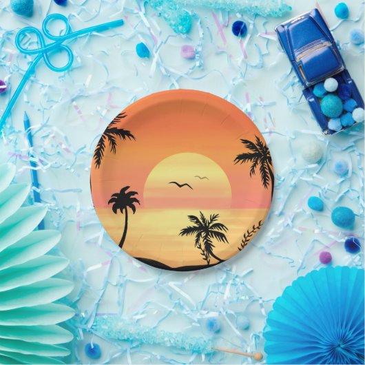 Tropical Beach Sunset Palm Tree Silhouette Art Papieren Bordje (Feest)