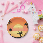 Tropical Beach Sunset Palm Tree Silhouette Art Papieren Bordje (Feest)