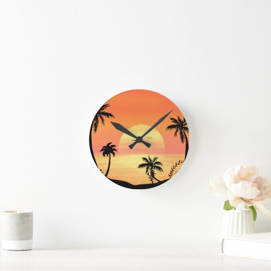 Tropical Beach Sunset Palm Tree Silhouette Art Ronde Klok (Huis)
