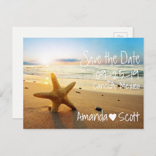 Tropical Beach Sunset Starfish Bewaar de datum Aankondigingskaart (Voorkant / Achterkant)